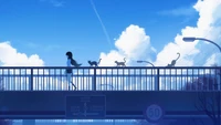 Garota de anime passeando em uma ponte com gatos sob um céu azul