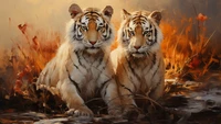 Majestic White Tigers in a Warm Autumn Landscape