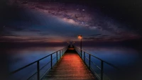 ocean, night, sky, pier, bridge wallpaper