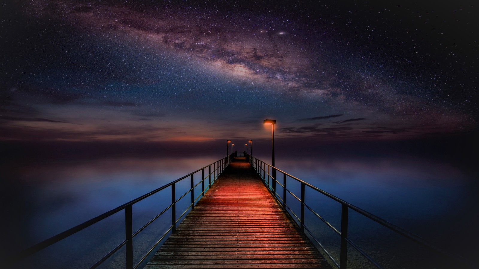 ocean, night, sky, pier, bridge Download Wallpaper