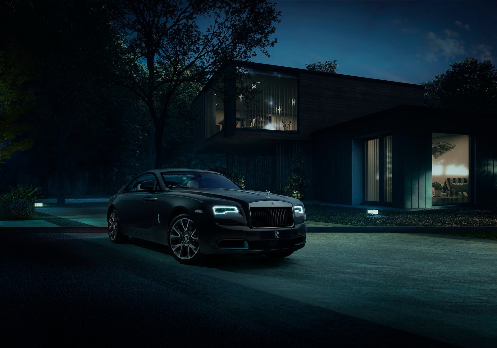 Ein schwarzer rolls royce, der nachts vor einem haus parkt (rolls royce wraith kryptos collection, 2021, schwarz dunkel, autos, 4k hintergrund)