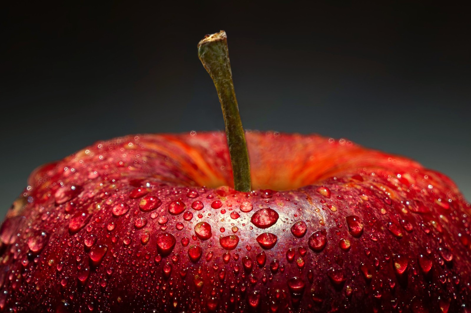 Une pomme rouge avec des gouttes d'eau dessus (pomme, macro, gouttes deau, photographie en gros plan, 5k)