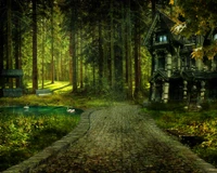 Enchanted Woodland Pathway Leading to a Mystical Forest Home