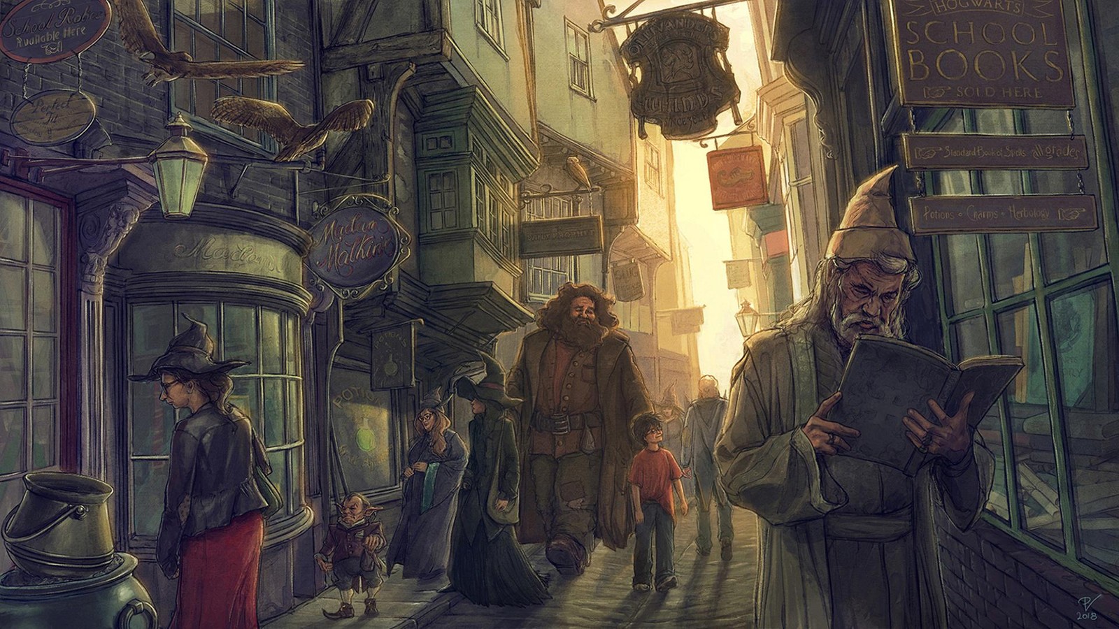 Illustration d'un homme en chapeau et manteau marchant dans une rue étroite (harry potter, monde fantastique, livre, fiction, fantaisie)