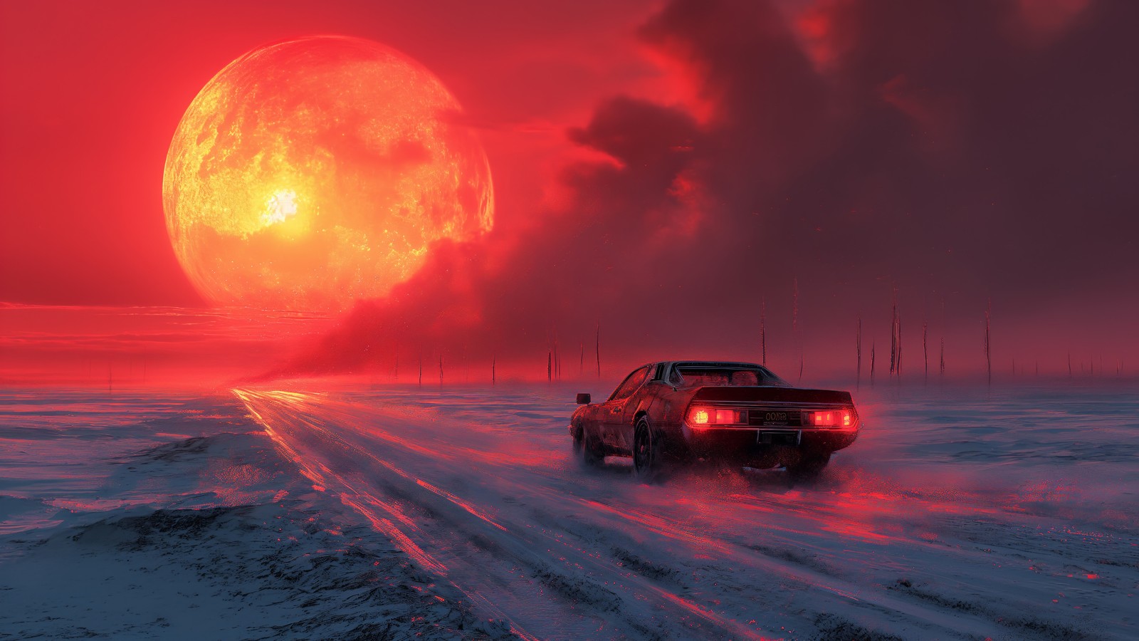 muscle car, car, ice, road, red wallpaper