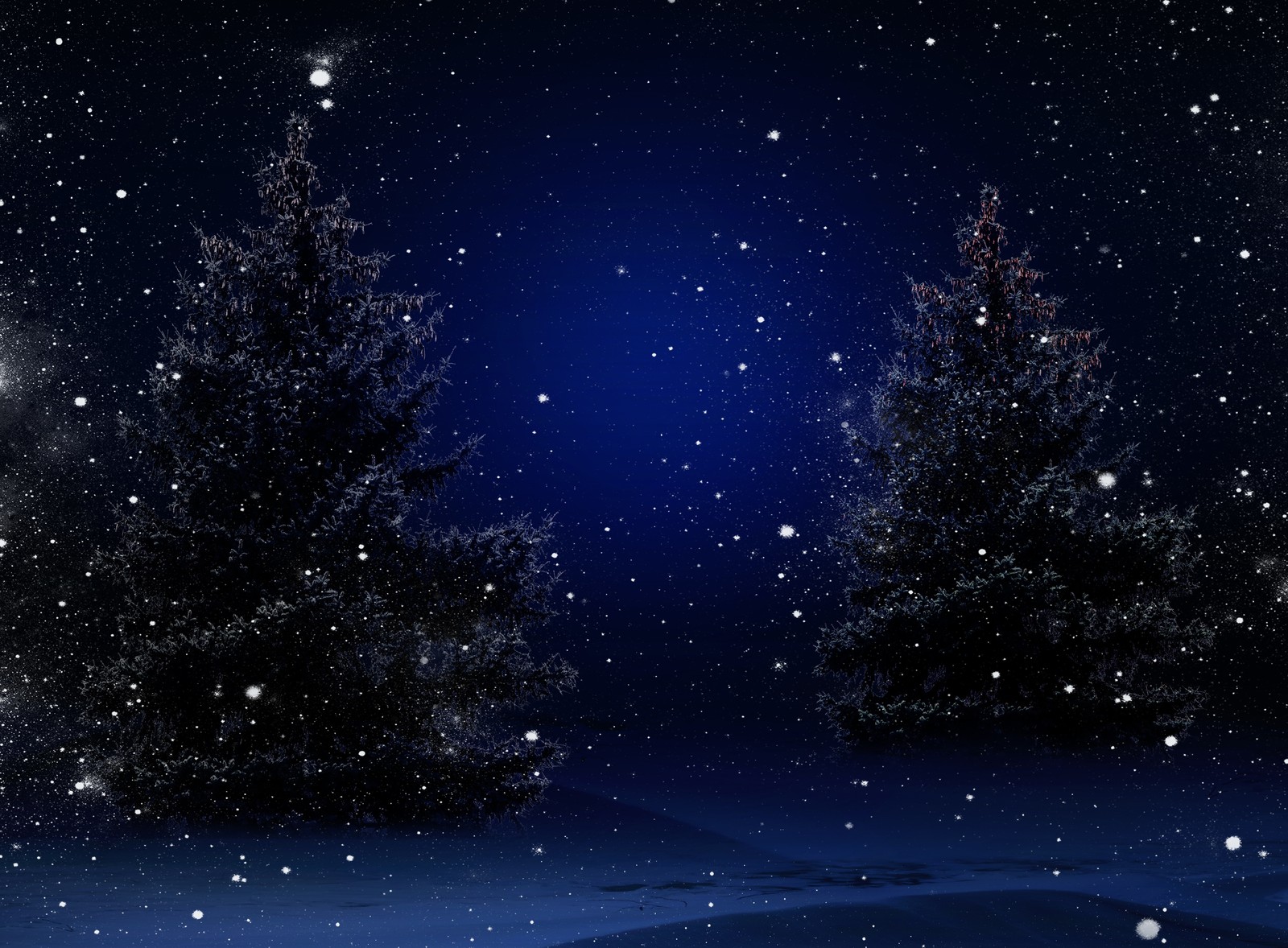 A close up of a snow covered field with trees and a moon (christmas day, new year, christmas tree, atmosphere, blue)