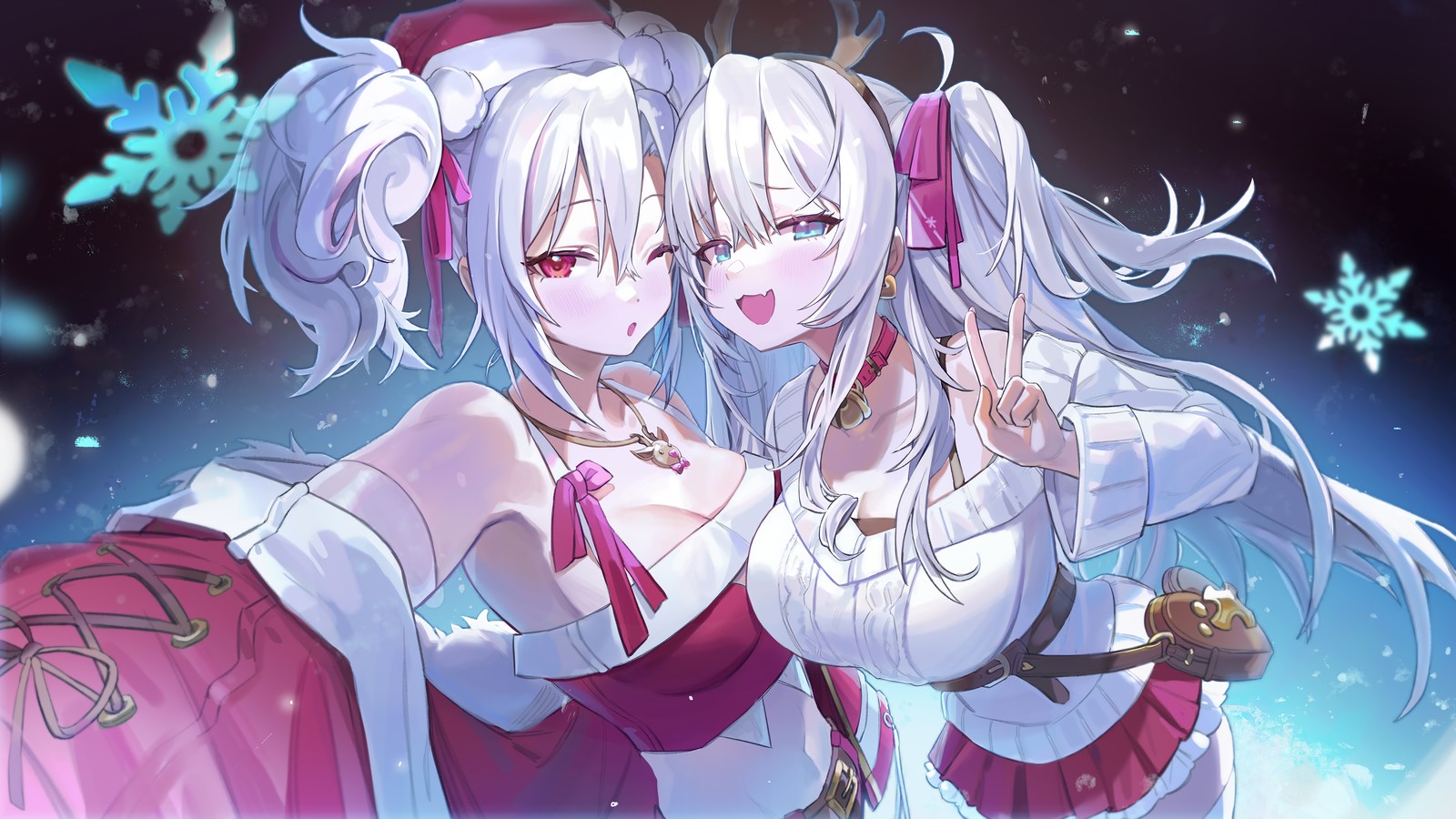 Deux filles anime en tenues blanches et roses s'enlaçant (noël, vacances, père noël, filles, azur lane)