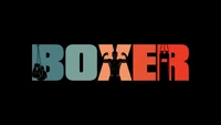 Fetter Text "BOXER" in lebhaften Farben vor einem schwarzen Hintergrund, mit einer muskulösen Silhouette und Boxhandschuhen, perfekt für Sportbegeisterte.