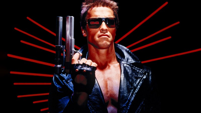 Мужчина в кожаной куртке держит оружие в руке (терминатор, the terminator, арнольд шварценеггер, arnold schwarzenegger, 5k)