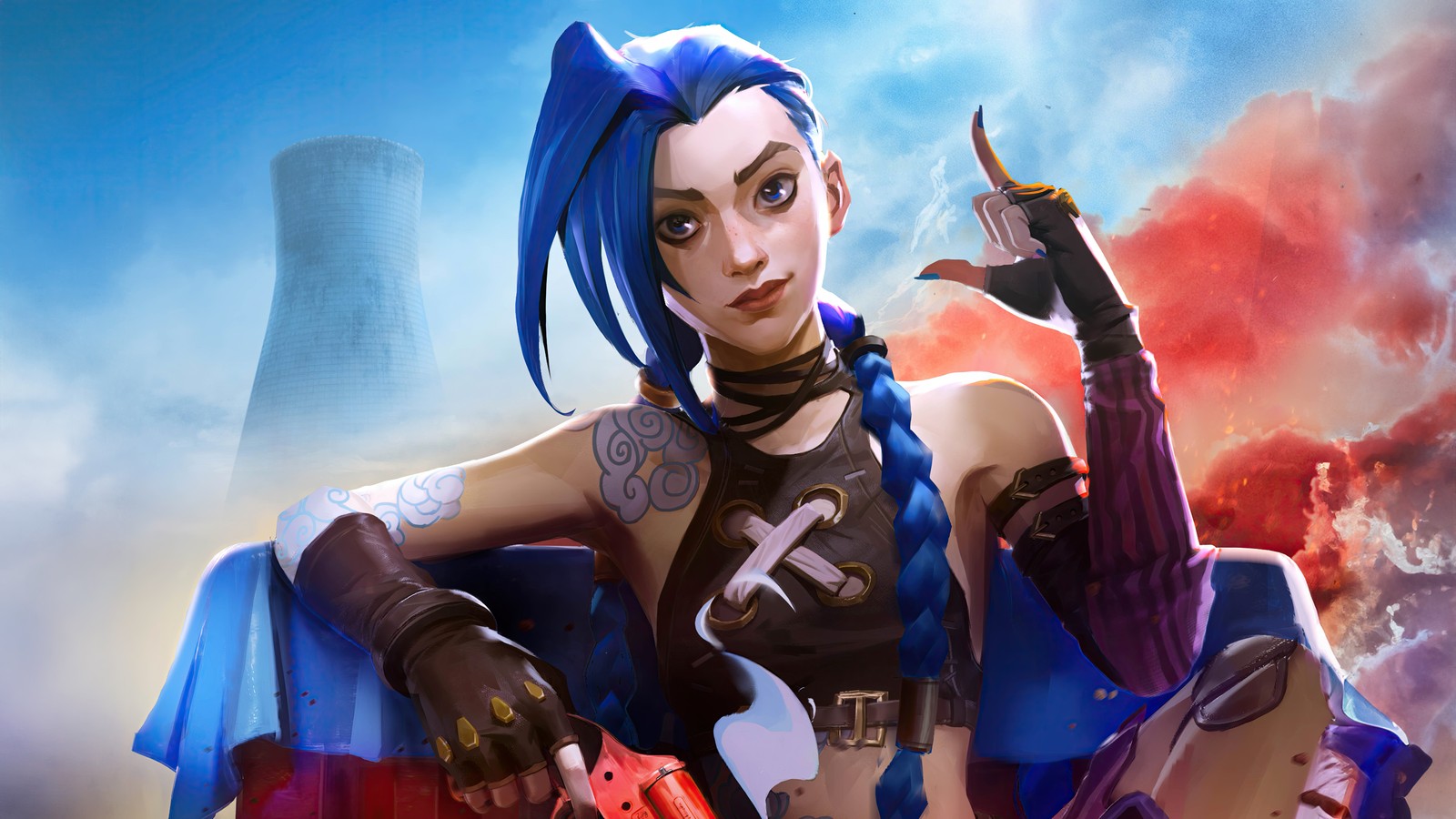 A woman with blue hair and a blue cape holding a red object (jinx arcane, pubg mobile, 5k, 8k, jinx)