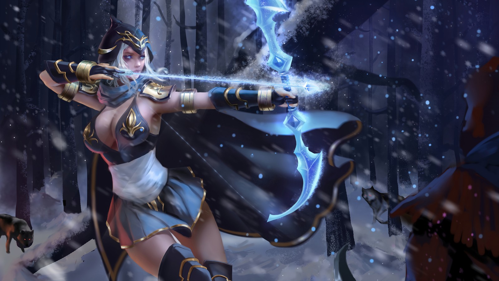 A woman in a black outfit holding a sword in a snowy area (ashe, arrow, league of legends, lol, video game)