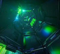 Symétrie néon : Un tunnel futuriste d'illumination verte et bleue