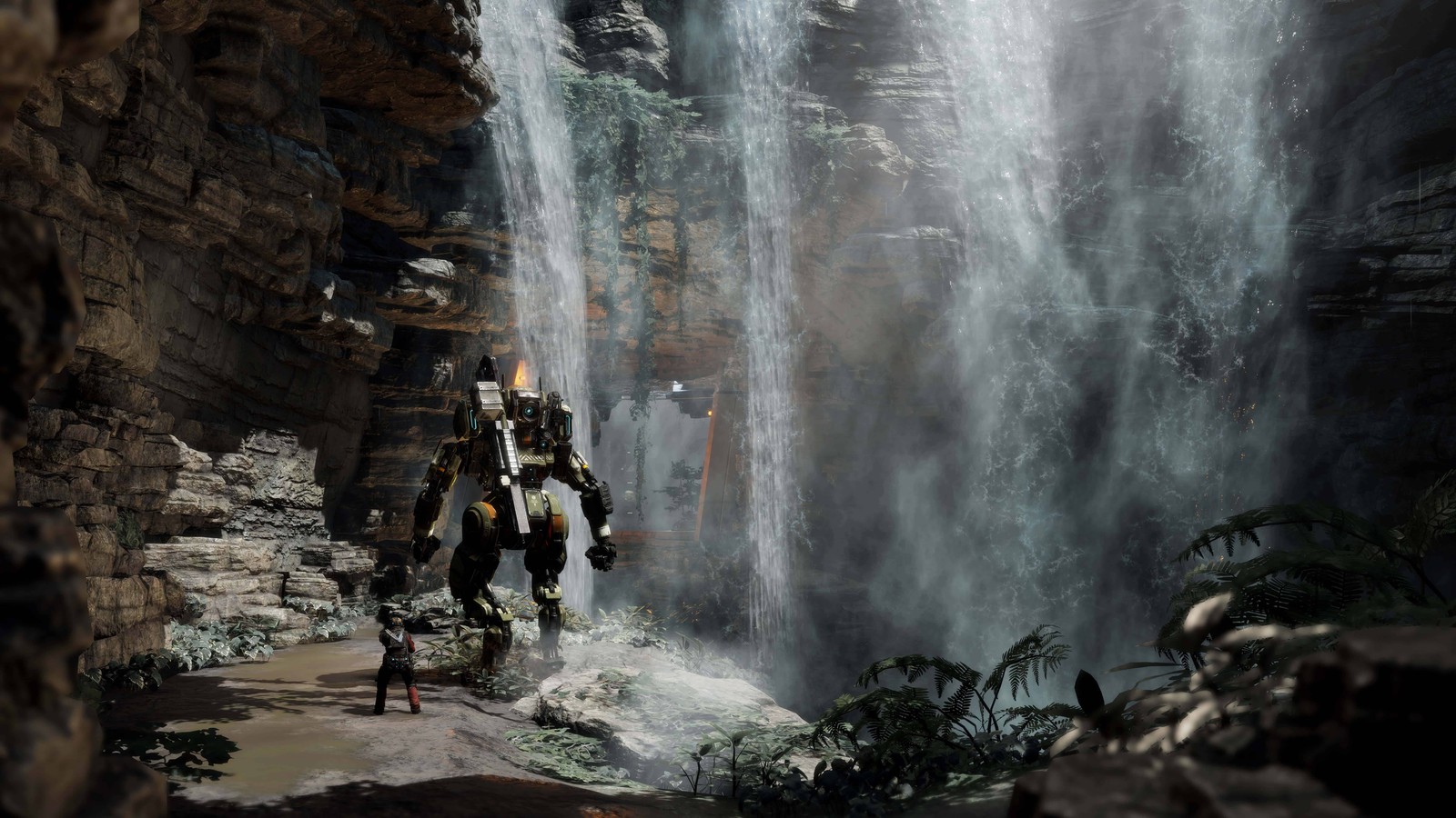 Um homem em pé na frente de uma cachoeira na selva (titanfall 2, água, cachoeira, curso dágua, formação)