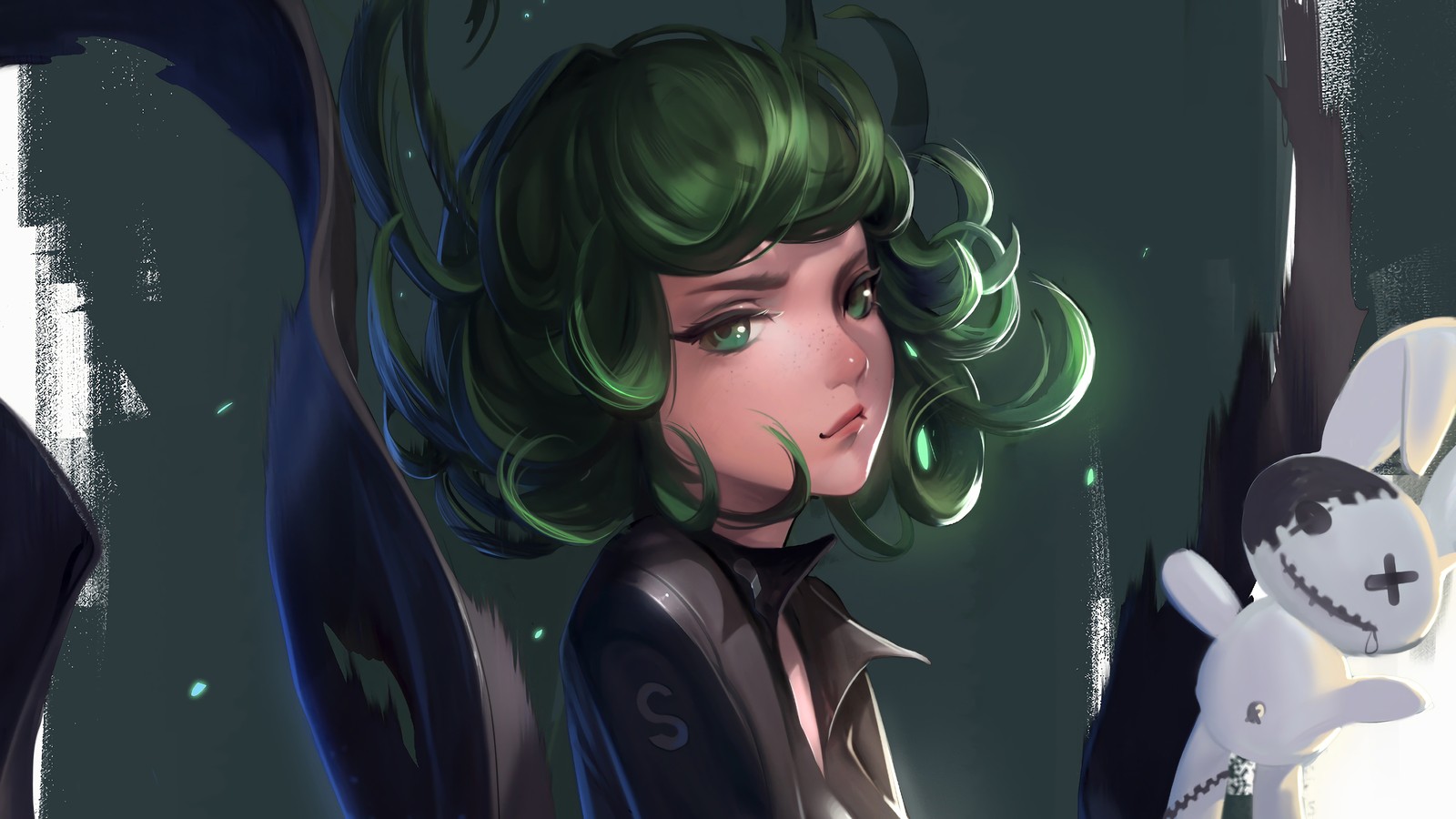 Рисунок женщины с зелеными волосами и скелетом (татсумакі, tatsumaki, one punch man, аниме, anime)