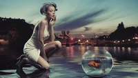 Whimsical Reflection: A Girl and Her Goldfish Under a Dreamy Sky