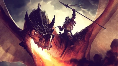 Epic Battle between a Warrior and a Dragon in a Fiery Sky