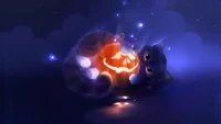 Gato adorable interactuando juguetonamente con una calabaza de Halloween brillante