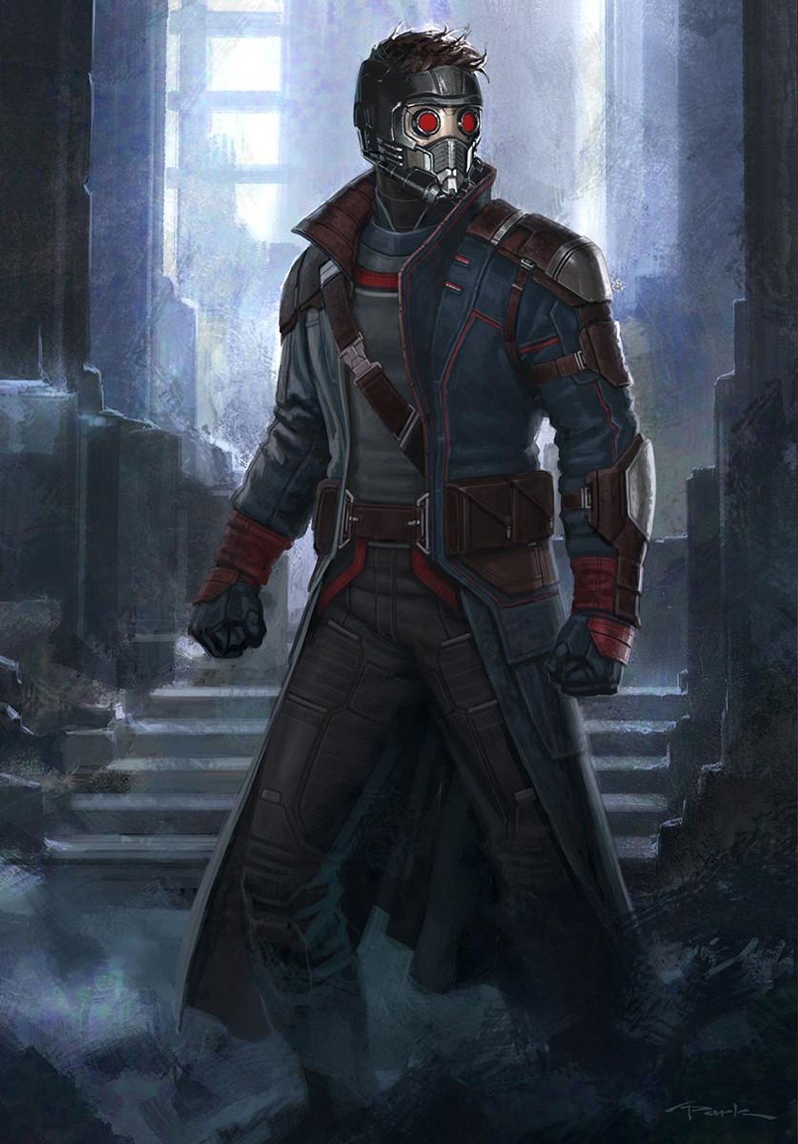 Крупный план человека в костюме, стоящего в здании (marvel comics, star lord, стражи галактики, крис пратт, chris pratt)