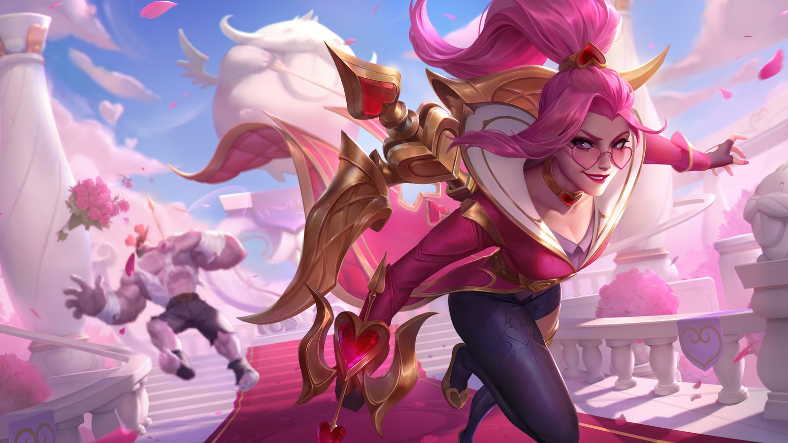 Una mujer con un atuendo rosa sosteniendo un escudo y una espada (buscador de corazones, vayne, arte conceptual, piel, league of legends)