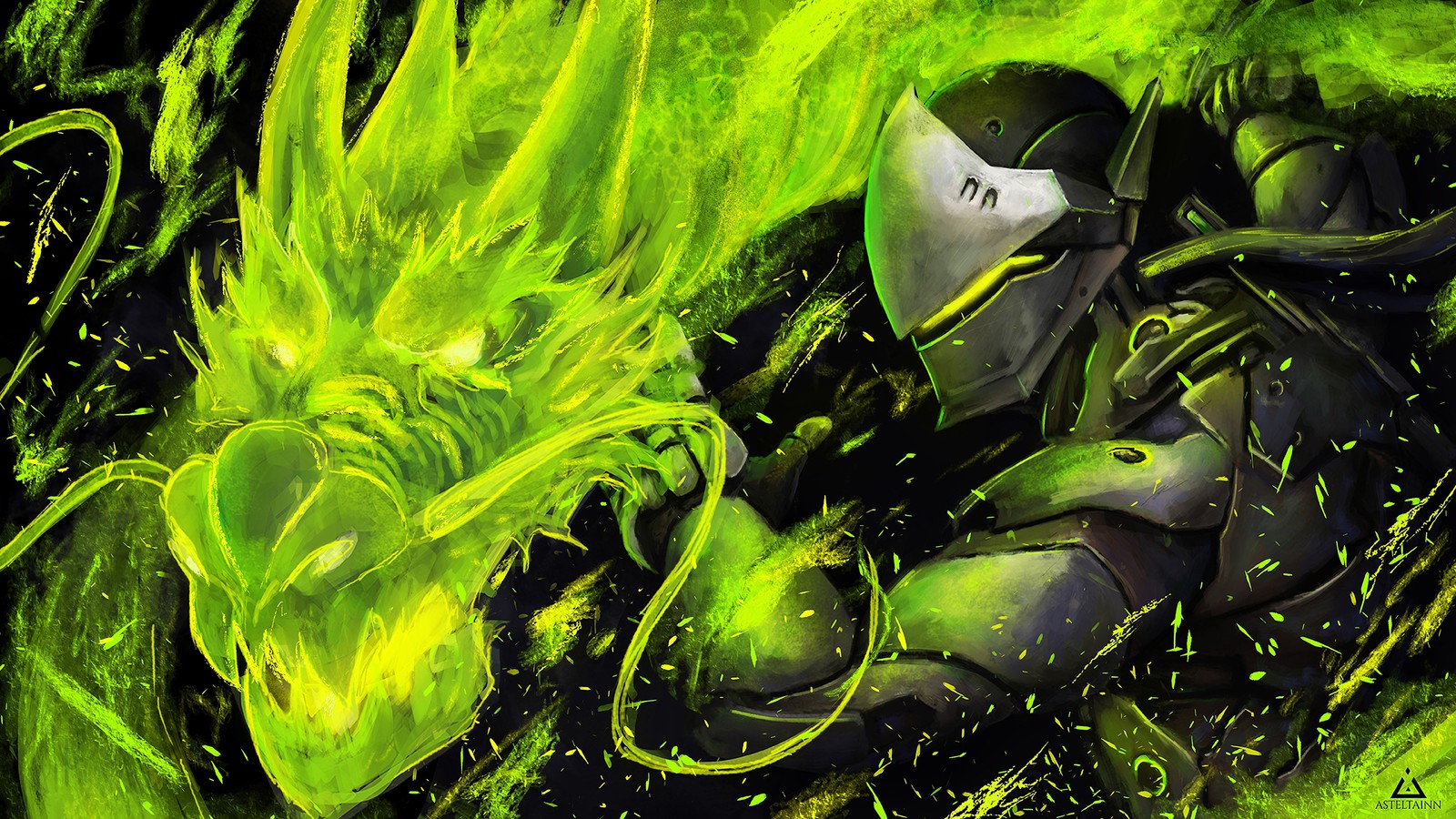 Uma pintura de um homem com um terno verde com um dragão (genji, dragão, overwatch, jogo de vídeo)