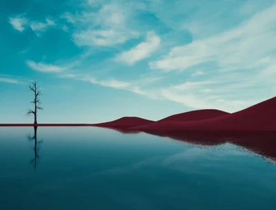 Árbol solitario reflejado en aguas tranquilas bajo un cielo despejado