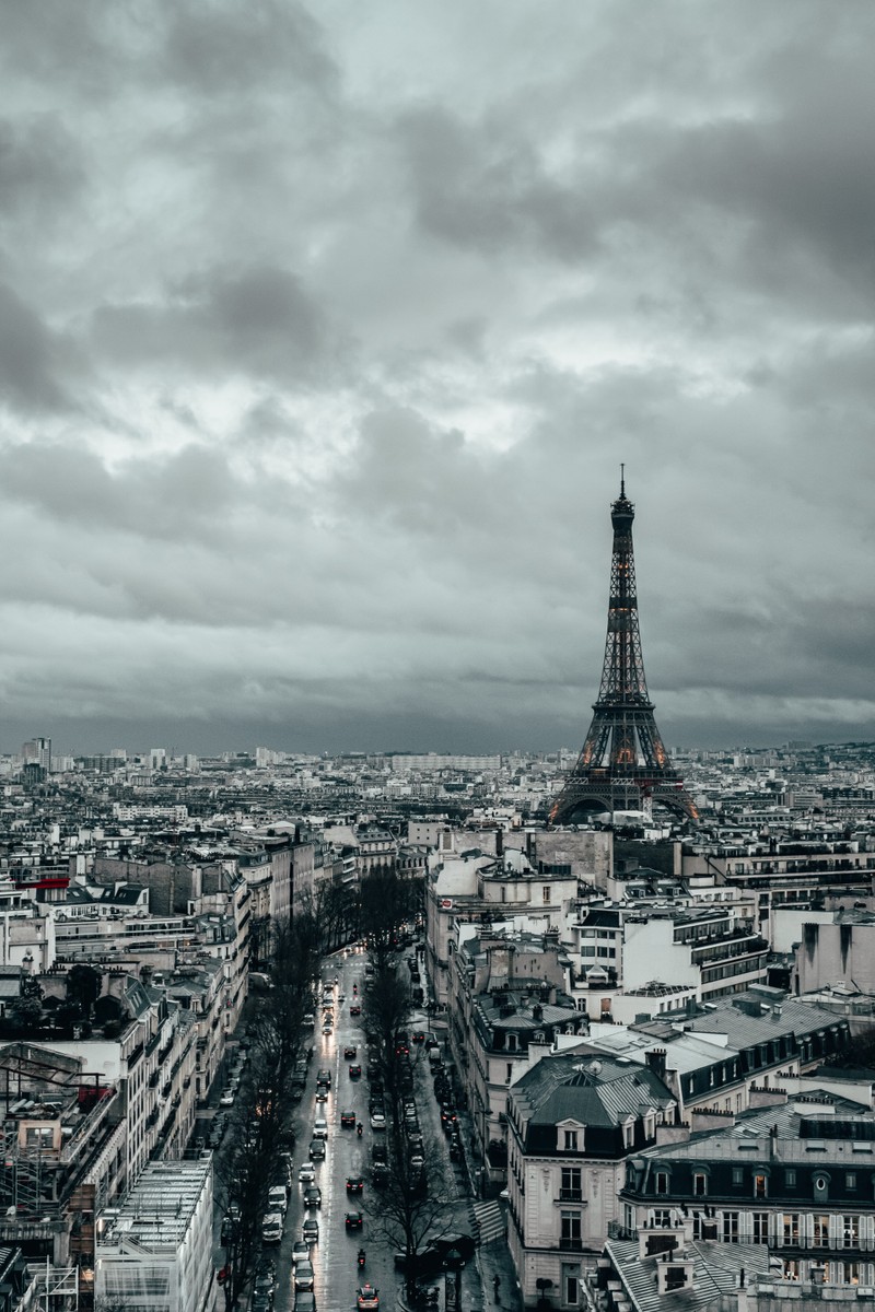 Вид с высоты на город с башней вдалеке (триумфальная арка, arc de triomphe, эйфелева башня, башня, облако)