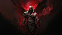 Kratos, o feroz guerreiro de God of War, se ergue poderosamente contra um dramático fundo vermelho, simbolizando força e vingança.