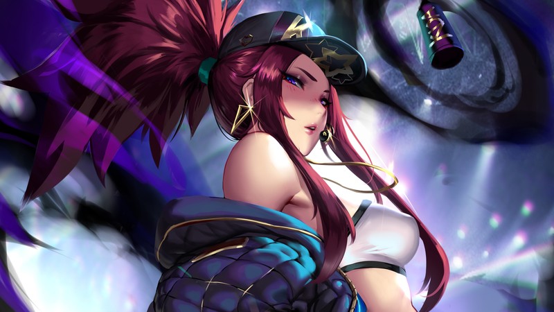 Крупный план женщины с длинными волосами и шляпой (акали, akali, lol, league of legends, видеоигра)