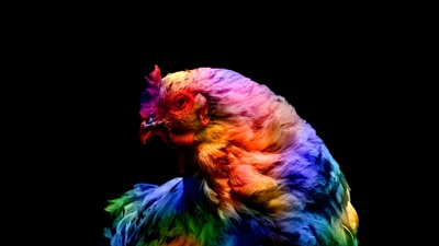 Pollo de colores vibrantes contra fondo negro