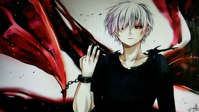 Ken Kaneki em uma atmosfera escura e vermelha como sangue