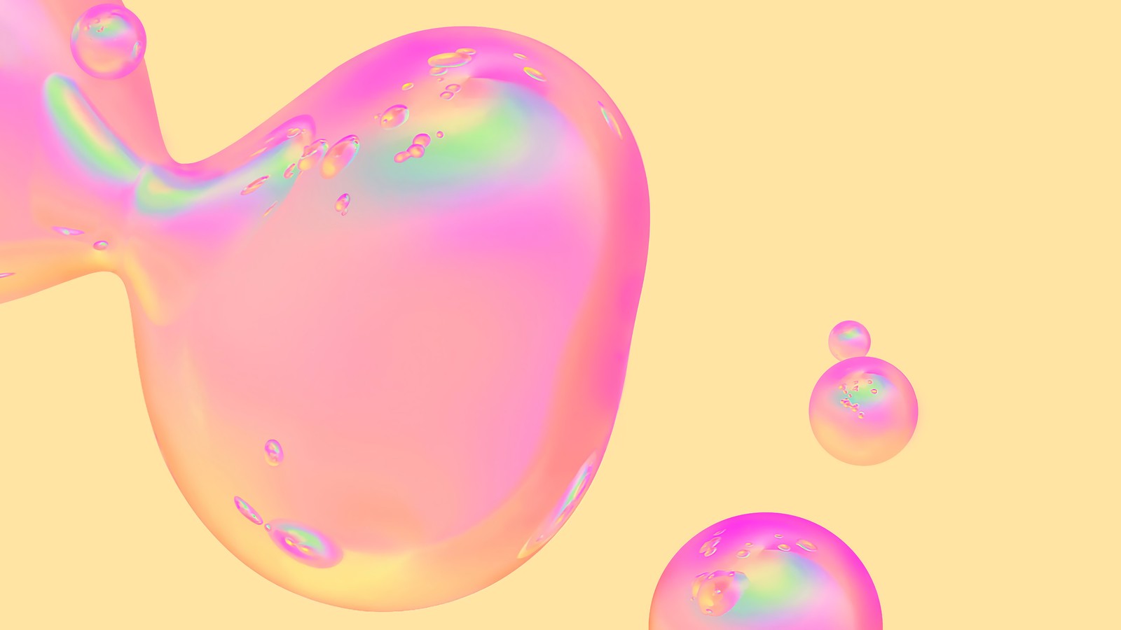 A close up of a group of bubbles floating on a yellow surface (abstract, bubbles, pink, digital art)