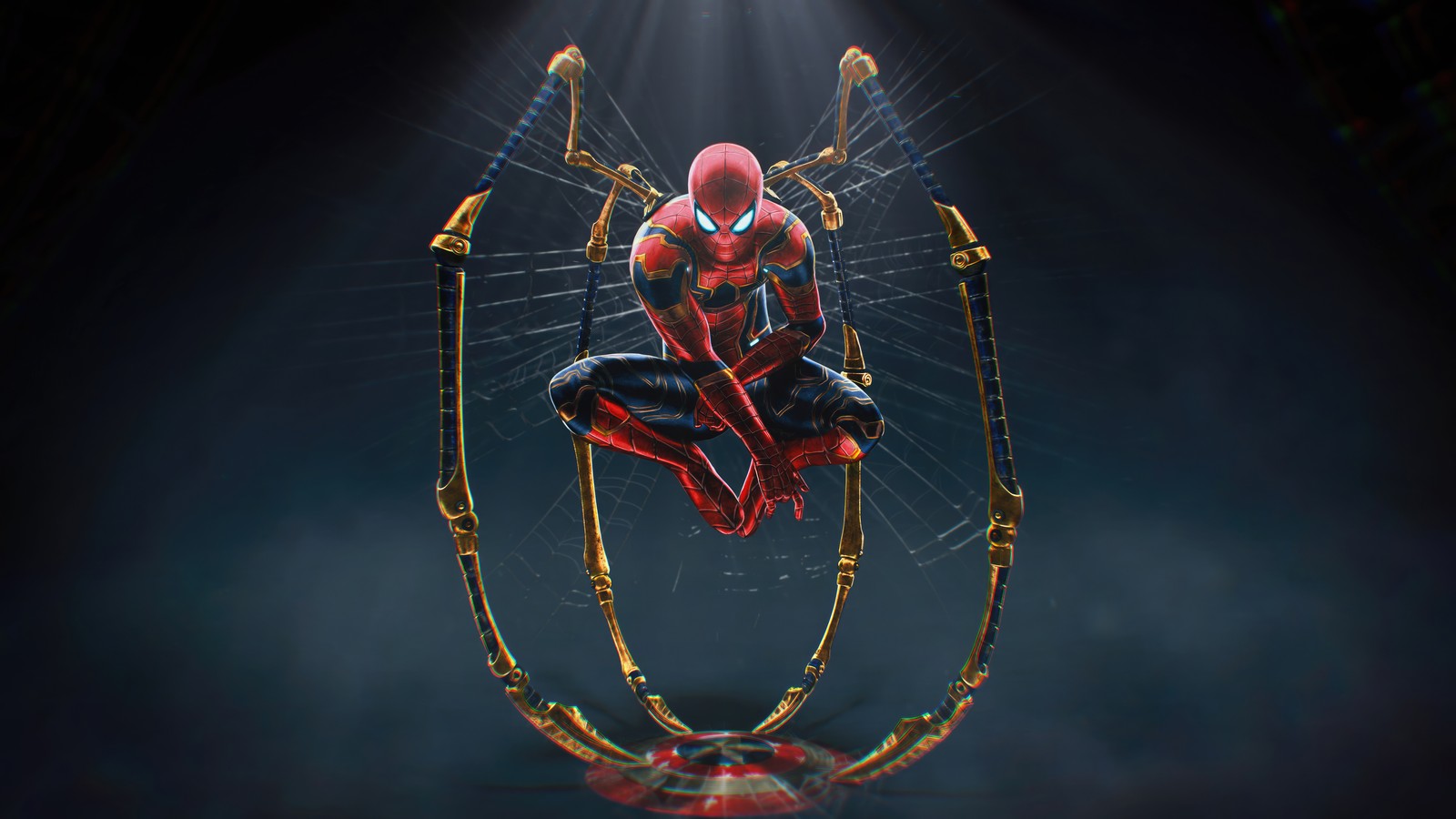 Homem-aranha em um traje de teia sentado em uma teia (iron spider, 8k, spider man, super heróis marvel, marvel superheroes)