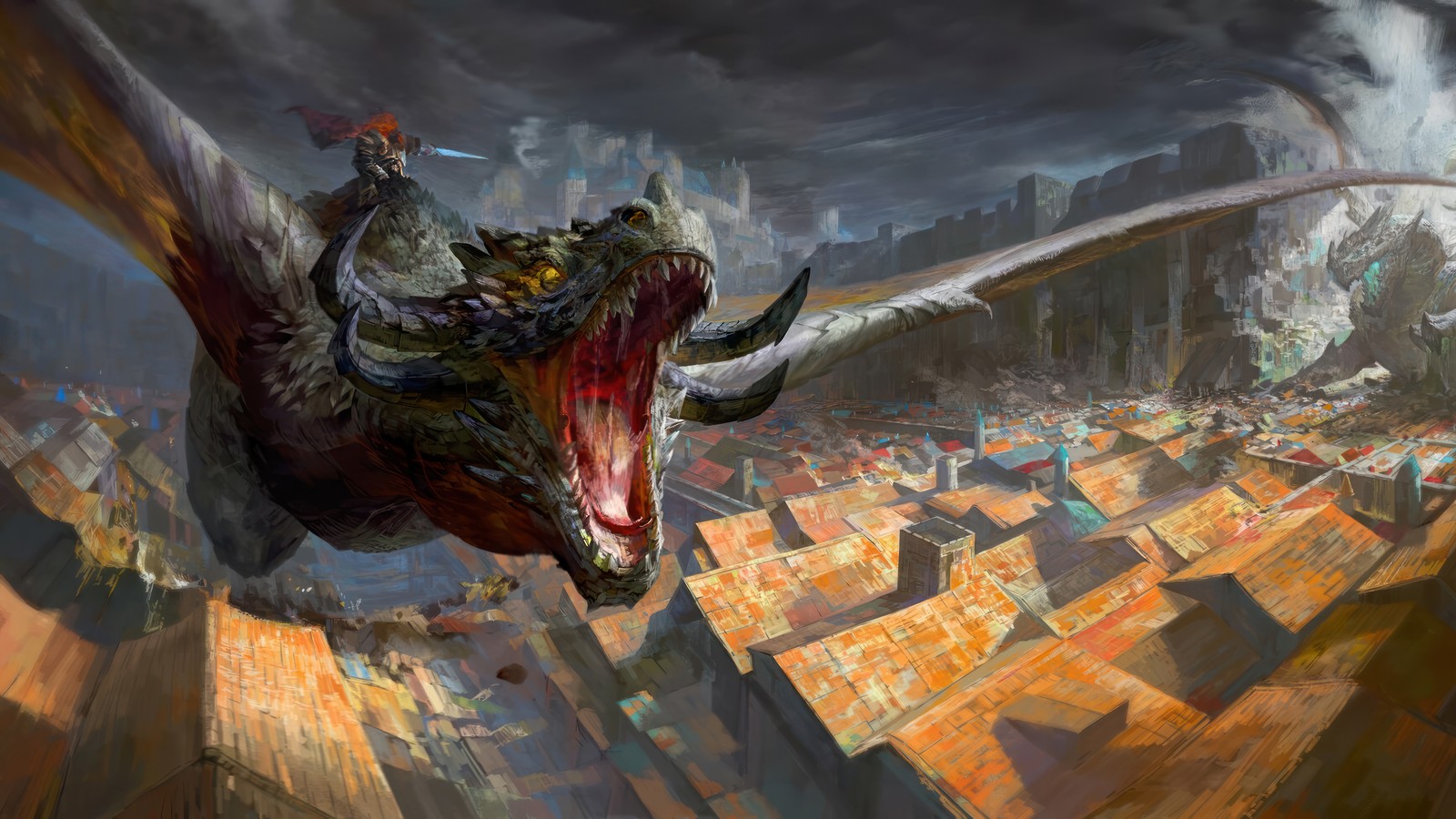 Une peinture d'un dragon volant au-dessus d'une ville avec une ville en arrière-plan (dragon, guerrier, fantaisie, art)