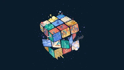 Art numérique coloré d'un cube Rubik avec des scènes illustrées