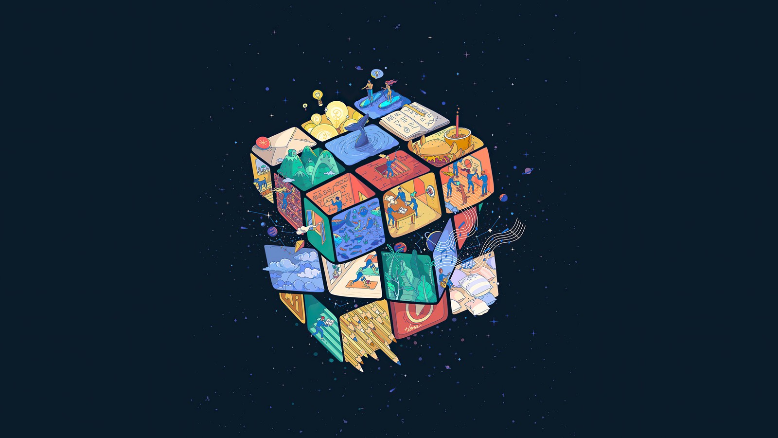 Um close-up de um cubo mágico com várias peças coloridas (cubo mágico, rubiks cube, arte digital)