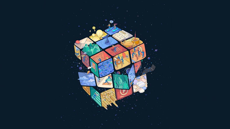 Крупный план кубика рубика с множеством цветных элементов (кубик рубика, rubiks cube, цифровое искусство)