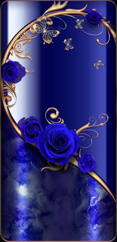 Elegant Blue Roses with Golden Accents and Butterflies