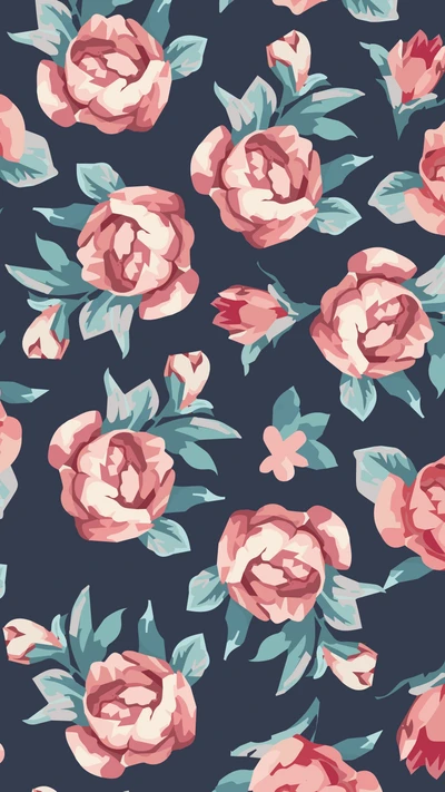 Vintage Floral Pattern with Roses on a Dark Background