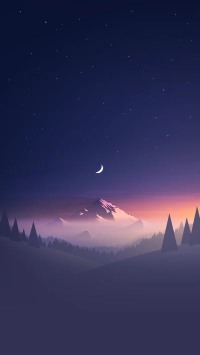 Serene Sunset Over Snow-Capped Mountains and Pine Trees