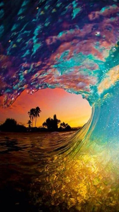 Vibrant Summer Sunset Through a Surging Wave