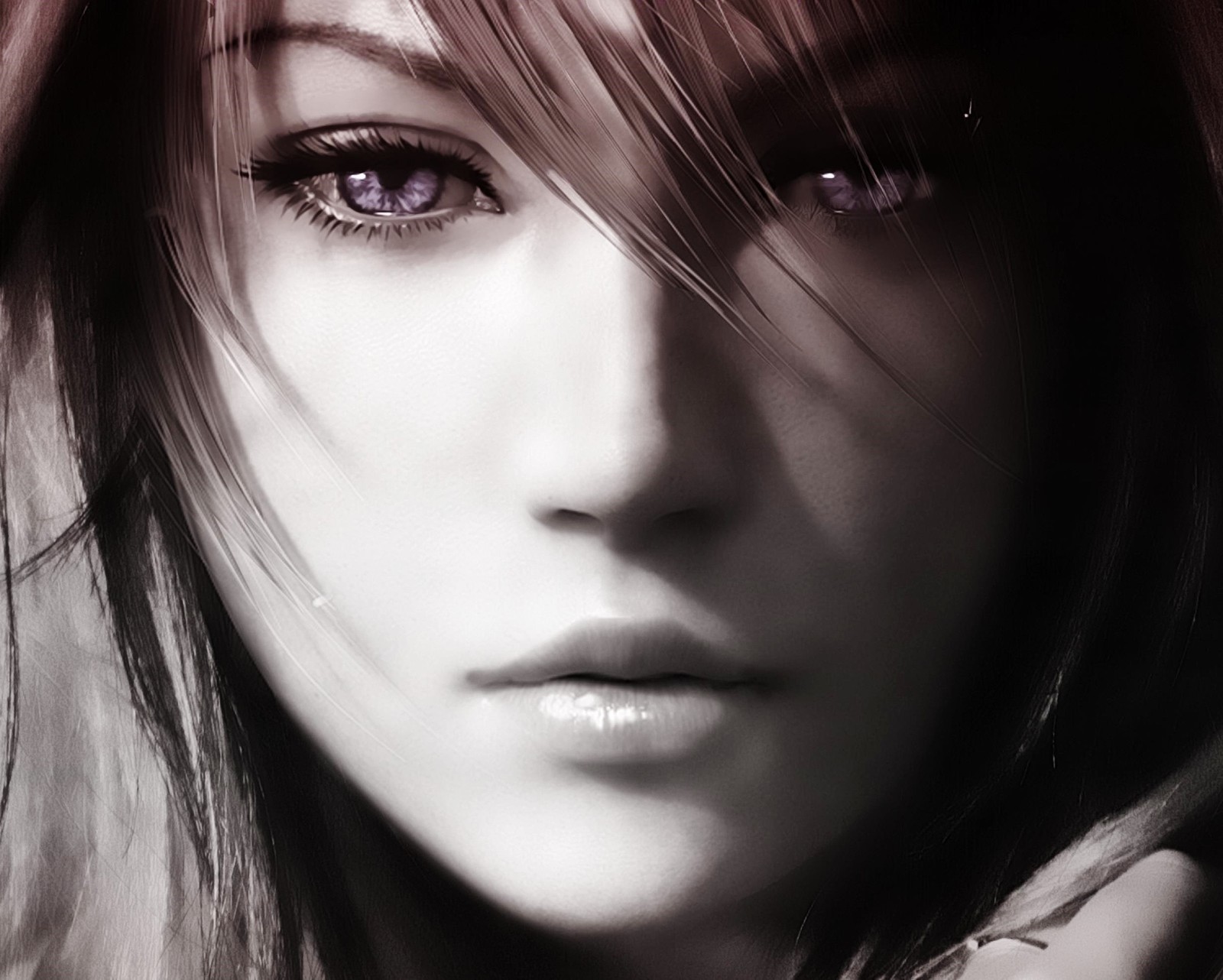 Fille anime avec de longs cheveux et des yeux violets regardant l'appareil photo (noir et blanc, œil, farron, jeu, fille)