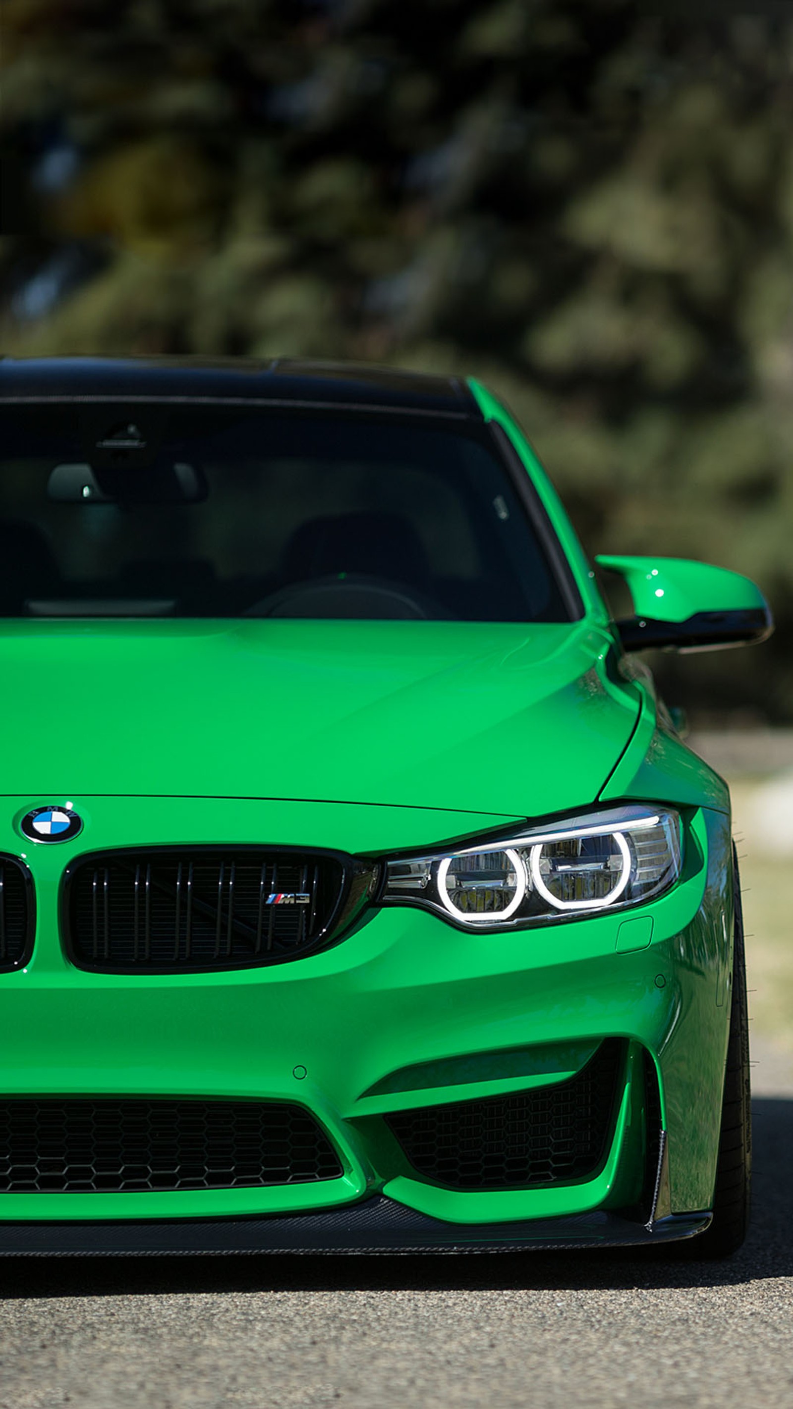 A close up of a green bmw car parked on a road (bmw, green, m3)