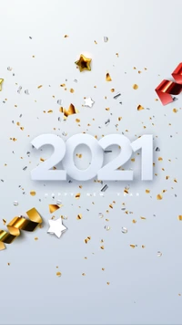 2021 Happy New Year Celebration with Festive Confetti and Stars