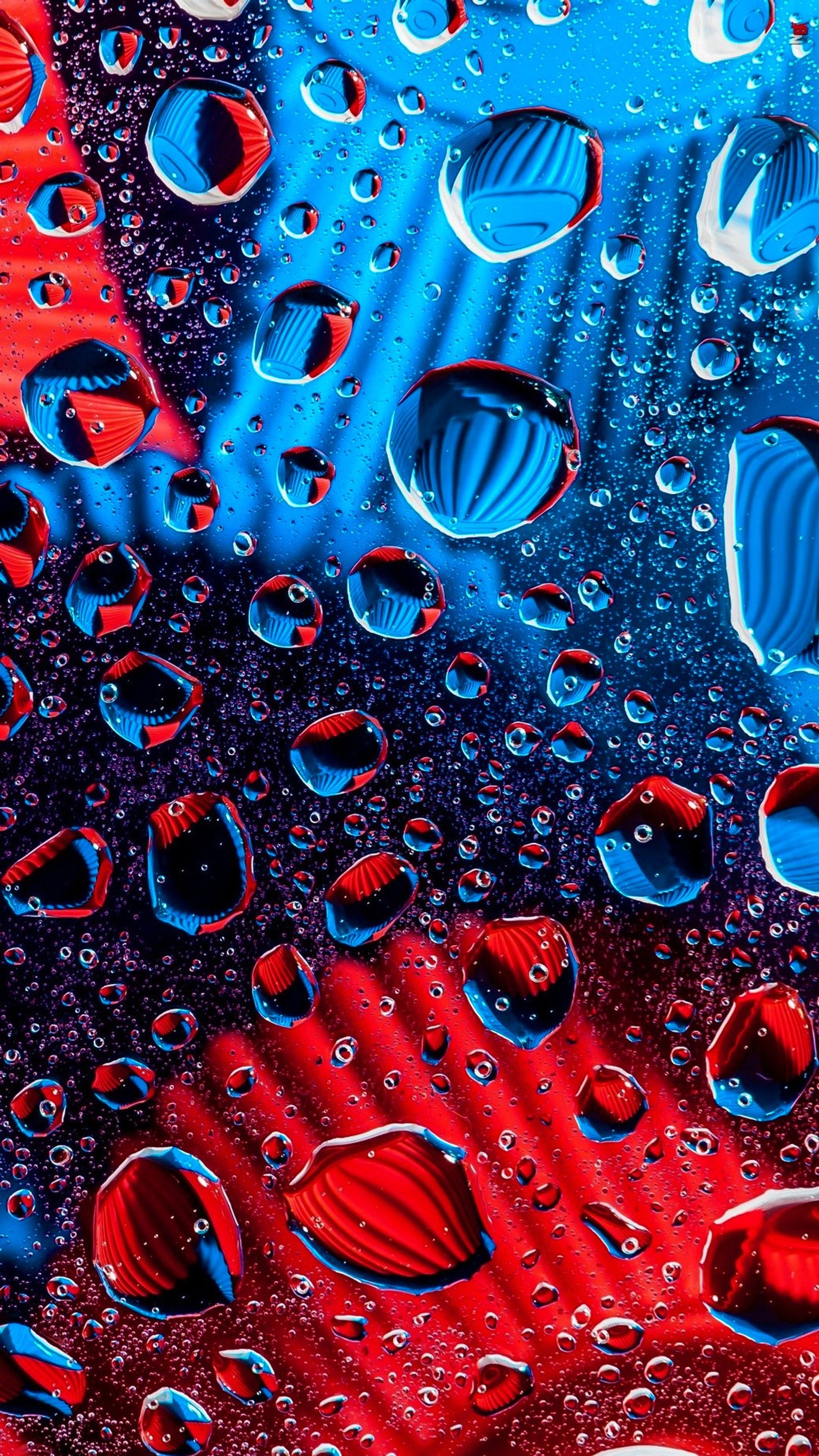 Um close em um fundo vermelho e azul com gotas de água (3d, abstrato, beleza, azul, colorido)