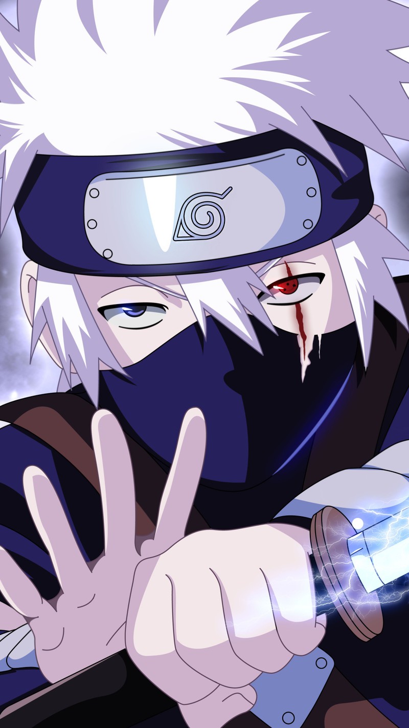 Персонаж аниме с белыми волосами и черным нарядом с ножом (kakashi, naruto, аниме, anime)