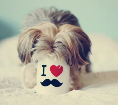 A playful dog peeking out from behind a mug that says "I ♥ Mustache," embodying love and humor.