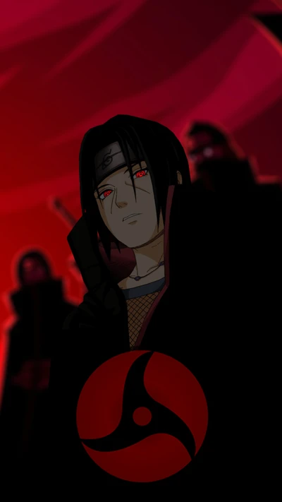 Itachi Uchiha in seinem Akatsuki-Mantel, der sein Mangekyō Sharingan vor einem dramatischen roten Hintergrund zeigt.