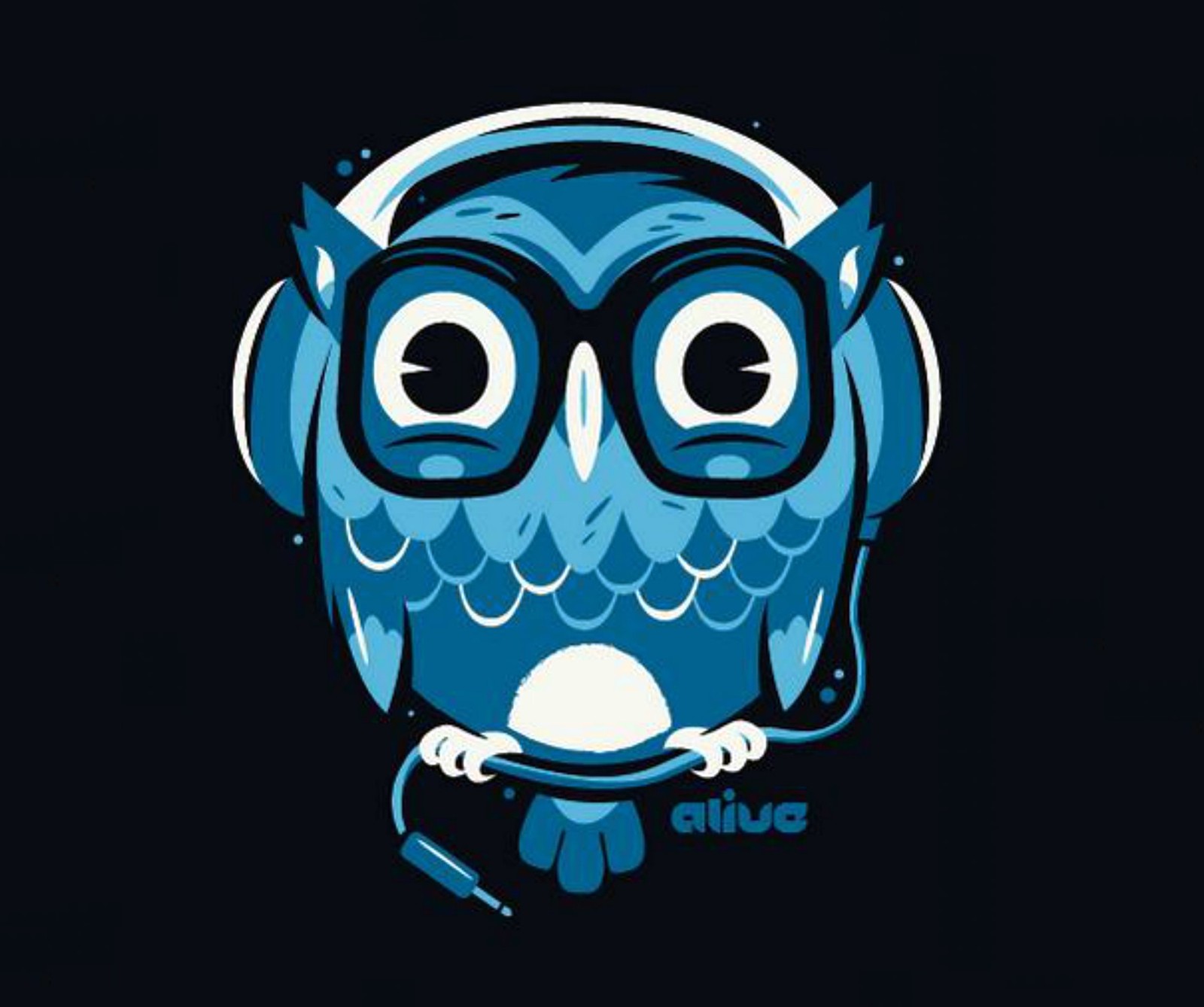 A blue owl wearing headphones and glasses with a black background (headphones, music, owl)