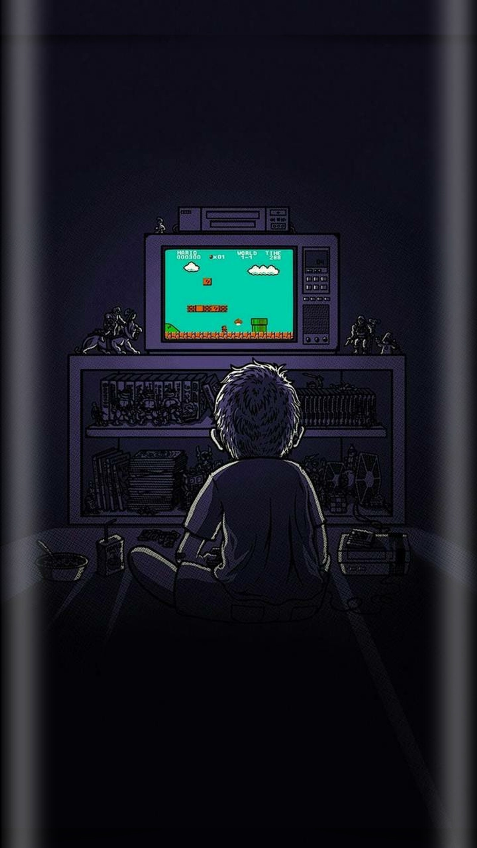 Cartoon of a boy sitting in front of a television watching a video game (edge, gamers, games, pc, screens)