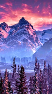 Breathtaking Winter Landscape at Sunset with Majestic Mountains and Pine Trees